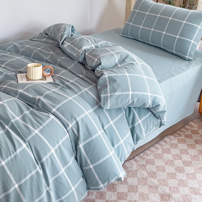 91家纺网 家纺一手货源 找家纺 玖弘家居 2024新款全棉色织水洗棉学生三件套四件套床垫套系列 海蓝格