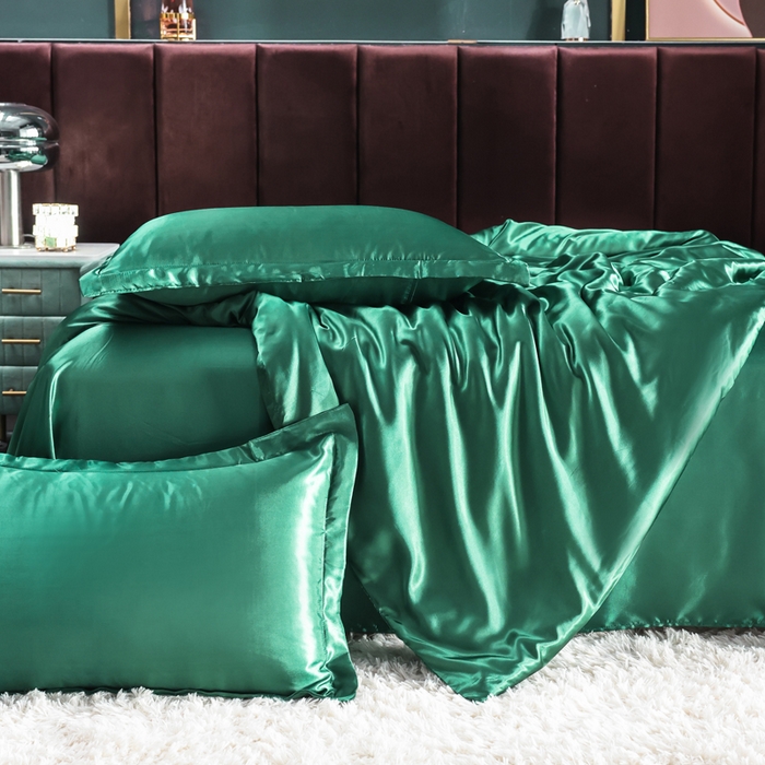 91家纺网 家纺一手货源 找家纺 莱越家纺 纯色网红款双面冰丝四件套夏季凉感丝真丝被套床单三件套床上用品 墨绿