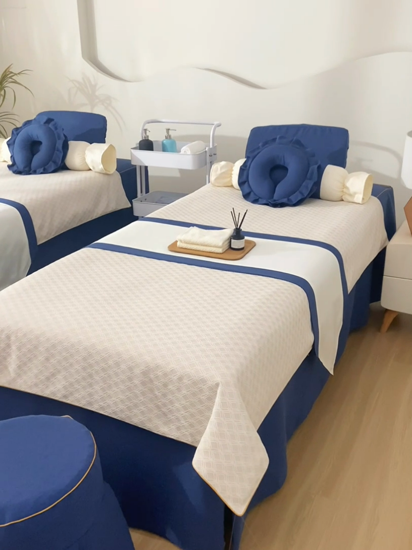 91家纺网 家纺一手货源 找家纺 莉人坊美容床罩批发 2024新款锦绣贝壳麻美容床罩系列 锦绣贝壳麻拼海蓝