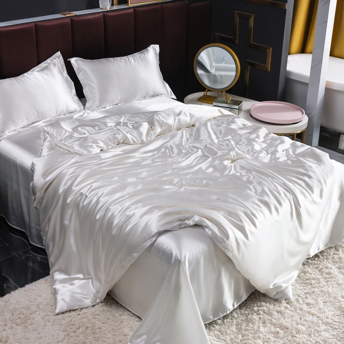 91家纺网 家纺一手货源 找家纺 莱越家纺 纯色网红款双面冰丝四件套夏季凉感丝真丝被套床单三件套床上用品 本白