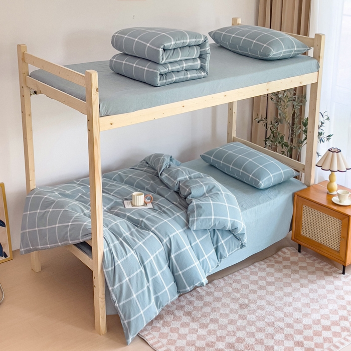 91家纺网 家纺一手货源 找家纺 玖弘家居 2024新款全棉色织水洗棉学生三件套四件套床垫套系列 海蓝格