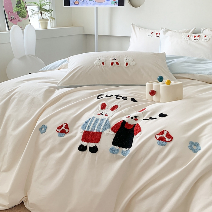 91家纺网 家纺一手货源 找家纺 2024新款全棉40S水洗棉毛巾绣工艺四件套 兔兔酱