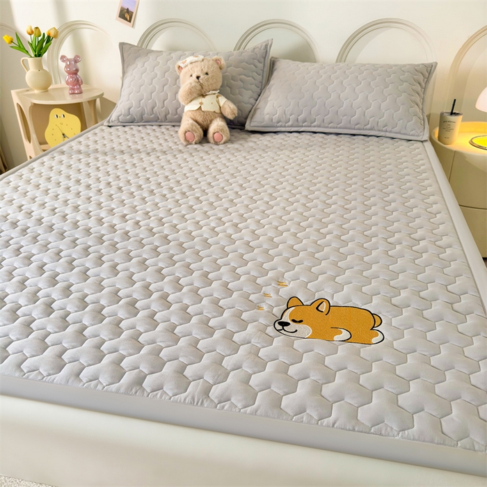 91家纺网 家纺一手货源 找家纺 雯豆家纺 2024新品刺绣绣花柯基加厚床褥床垫床护垫 床褥款柯基-月岩灰