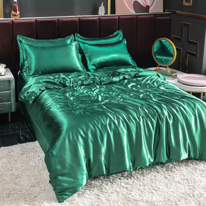 91家纺网 家纺一手货源 找家纺 莱越家纺 纯色网红款双面冰丝四件套夏季凉感丝真丝被套床单三件套床上用品 墨绿