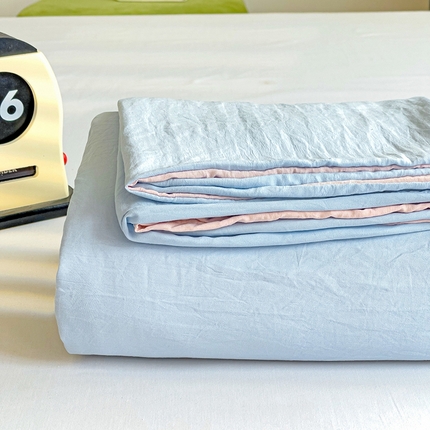 91家纺网 家纺一手货源 找家纺 （总）韩巢家纺 2024新款ins风超柔褶皱亲肤水洗棉被套单件-纯色双拼系列（提供卖家秀）