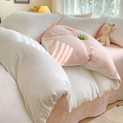 韩巢家纺 2024新款ins风超柔褶皱亲肤水洗棉四件套 -纯色双拼系列（提供卖家秀） 水洗棉白浅粉