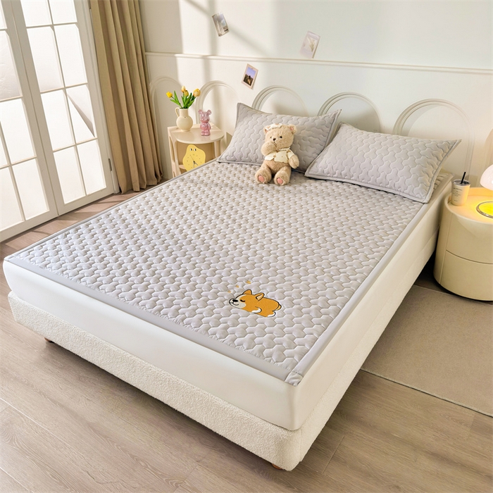 91家纺网 家纺一手货源 找家纺 雯豆家纺 2024新品刺绣绣花柯基加厚床褥床垫床护垫 床褥款柯基-月岩灰