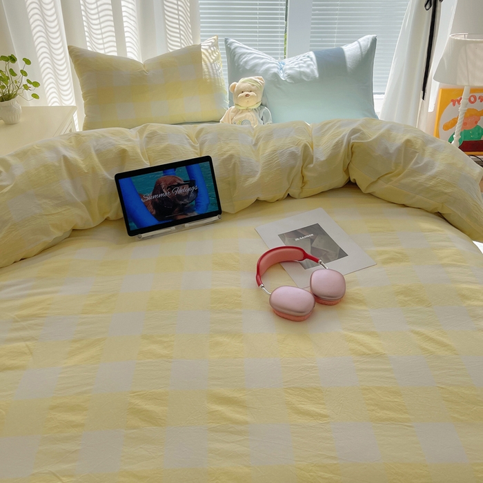 91家纺网 家纺一手货源 找家纺 六巷胡同 2024新款全棉INS少女心马卡龙格子混搭四件套 混搭柠檬黄大格