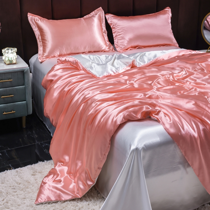 91家纺网 家纺一手货源 找家纺 莱越家纺 纯色网红款双面冰丝四件套夏季凉感丝真丝被套床单三件套床上用品 粉玉白