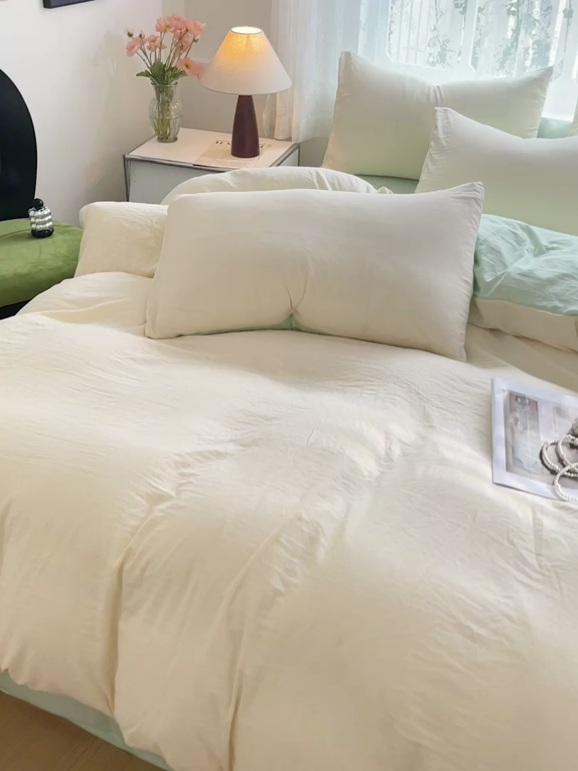 91家纺网 家纺一手货源 找家纺 （总）韩巢家纺 2024新款ins风超柔褶皱亲肤水洗棉四件套 -纯色双拼系列（提供卖家秀）