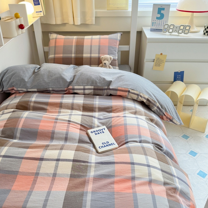 91家纺网 家纺一手货源 找家纺 玖弘家居 2024新款全棉色织水洗棉学生三件套四件套床垫套系列 库里灰