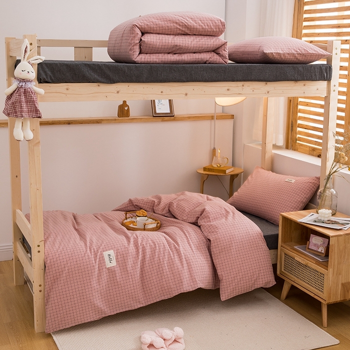 91家纺网 家纺一手货源 找家纺 柠萌家居 2025新款无印良品风A类色织水洗棉全棉学生宿舍三件套床垫套三件套 豆沙小格