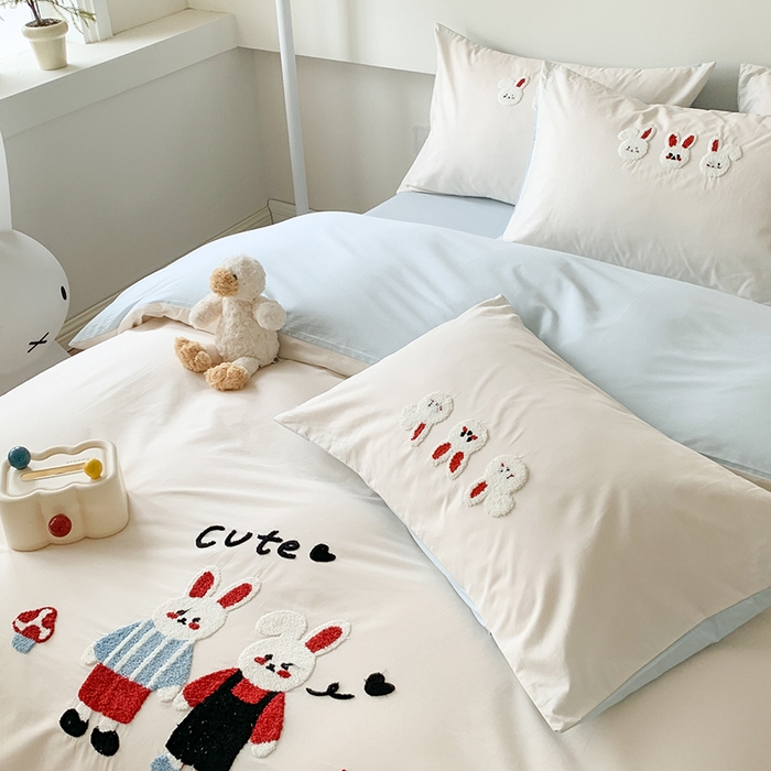 91家纺网 家纺一手货源 找家纺 2024新款全棉40S水洗棉毛巾绣工艺四件套 兔兔酱