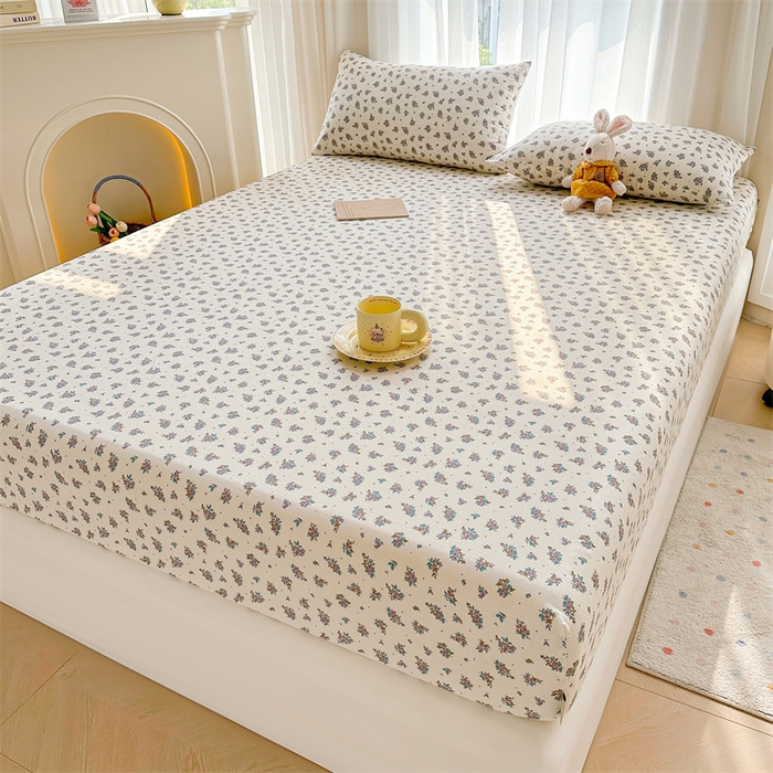 91家纺网 家纺一手货源 找家纺 雯豆家纺 2024新品小清新印花全棉纯棉双层纱床笠三件套 全棉双层纱床笠-邂逅