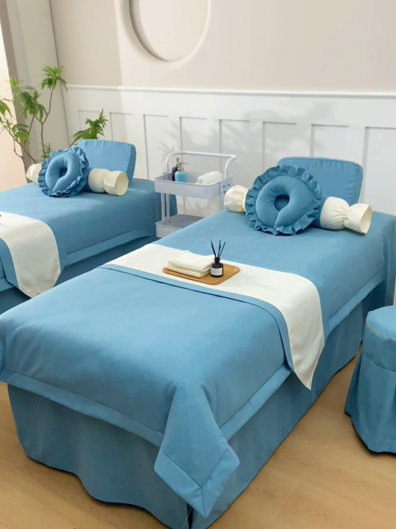 91家纺网 家纺一手货源 找家纺 莉人坊美容床罩批发 2024新款棉麻美容床罩诗菲丽人系列 诗菲丽人湖蓝