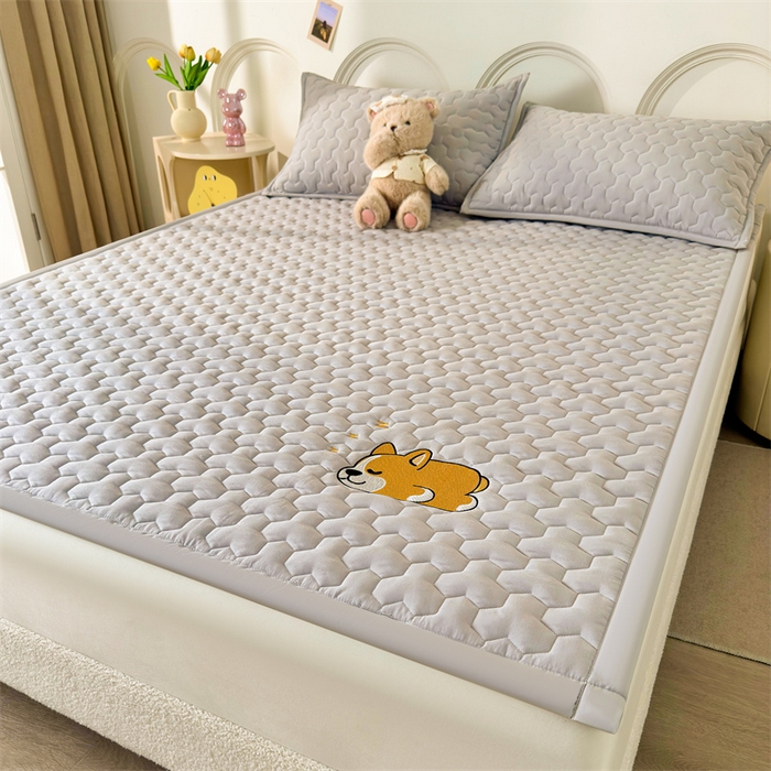 91家纺网 家纺一手货源 找家纺 雯豆家纺 2024新品刺绣绣花柯基加厚床褥床垫床护垫 床褥款柯基-月岩灰