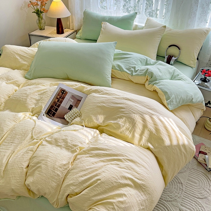 91家纺网 家纺一手货源 找家纺 （总）韩巢家纺 2024新款ins风超柔褶皱亲肤水洗棉四件套 -纯色双拼系列（提供卖家秀）