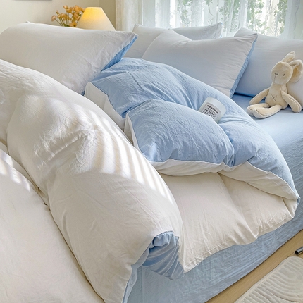 91家纺网 家纺一手货源 找家纺 韩巢家纺 2024新款ins风超柔褶皱亲肤水洗棉四件套 -纯色双拼系列（提供卖家秀） 水洗棉白蓝