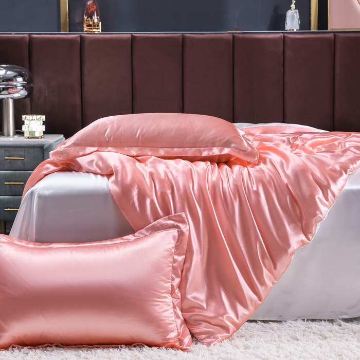 91家纺网 家纺一手货源 找家纺 莱越家纺 纯色网红款双面冰丝四件套夏季凉感丝真丝被套床单三件套床上用品 粉玉白