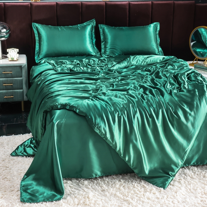 91家纺网 家纺一手货源 找家纺 莱越家纺 纯色网红款双面冰丝四件套夏季凉感丝真丝被套床单三件套床上用品 墨绿