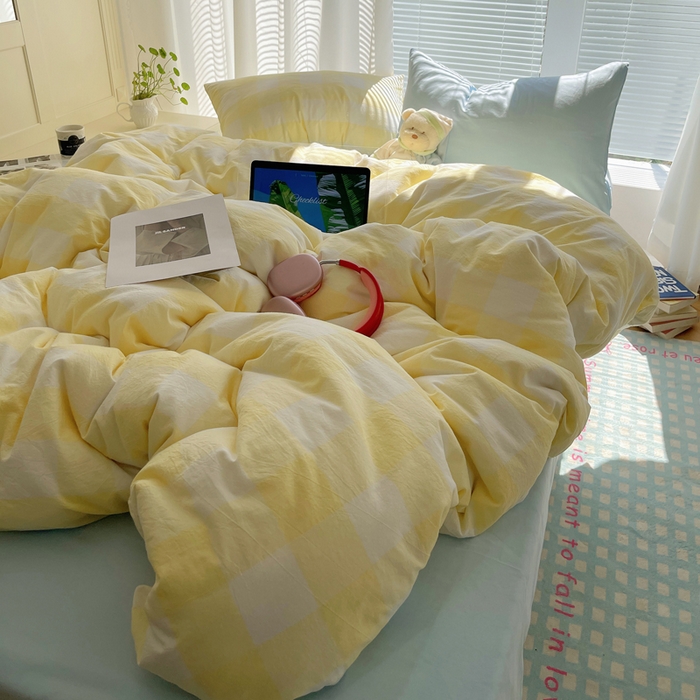 91家纺网 家纺一手货源 找家纺 六巷胡同 2024新款全棉INS少女心马卡龙格子混搭四件套 混搭柠檬黄大格