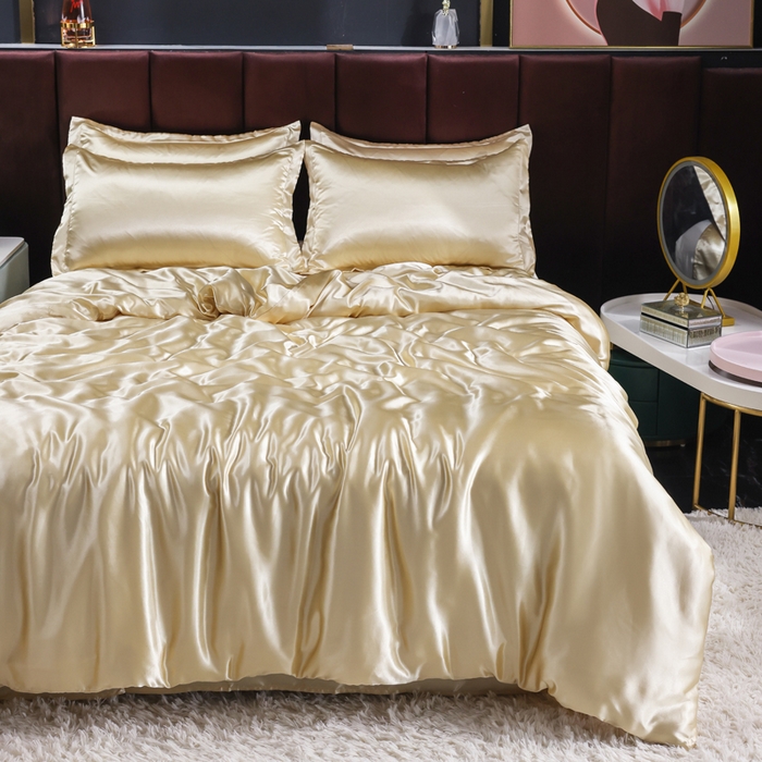 91家纺网 家纺一手货源 找家纺 莱越家纺 纯色网红款双面冰丝四件套夏季凉感丝真丝被套床单三件套床上用品 驼色