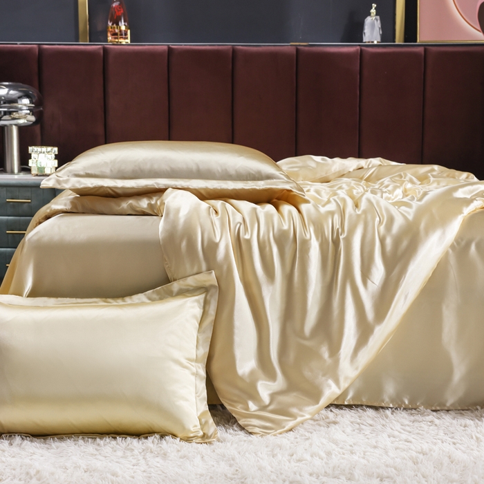 91家纺网 家纺一手货源 找家纺 莱越家纺 纯色网红款双面冰丝四件套夏季凉感丝真丝被套床单三件套床上用品 驼色