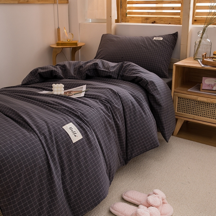 91家纺网 家纺一手货源 找家纺 柠萌家居 2025新款无印良品风A类色织水洗棉全棉学生宿舍三件套床垫套三件套 灰小格
