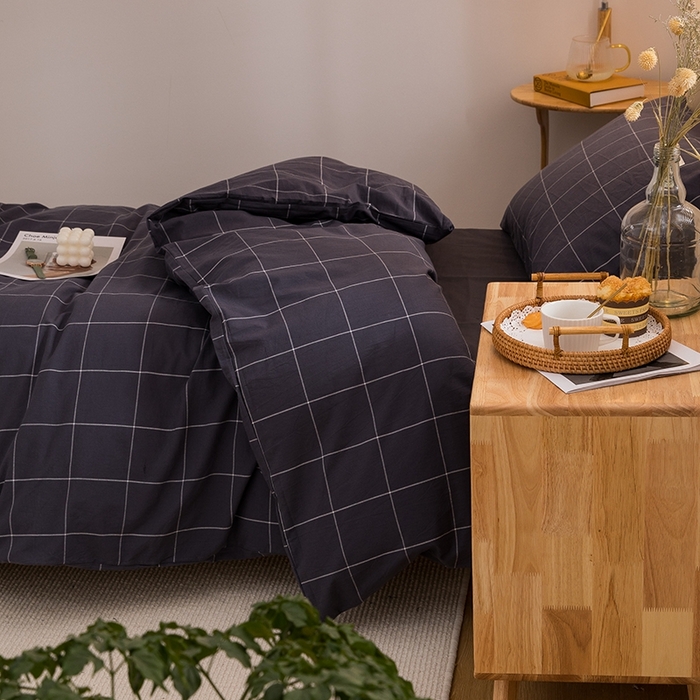 91家纺网 家纺一手货源 找家纺 柠萌家居 2025新款无印良品风A类色织水洗棉全棉学生宿舍三件套床垫套三件套 格纹冷灰