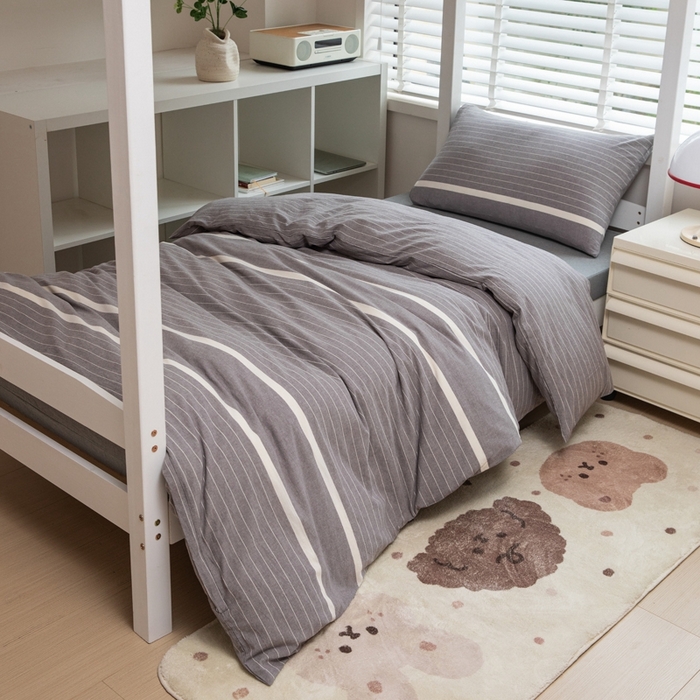 91家纺网 家纺一手货源 找家纺 柠萌家居 2025新款无印良品风A类色织水洗棉全棉学生宿舍三件套床垫套三件套 宽双线冷灰