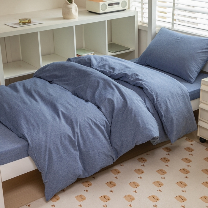 91家纺网 家纺一手货源 找家纺 柠萌家居 2025新款无印良品风A类色织水洗棉全棉学生宿舍三件套床垫套三件套 牛仔蓝
