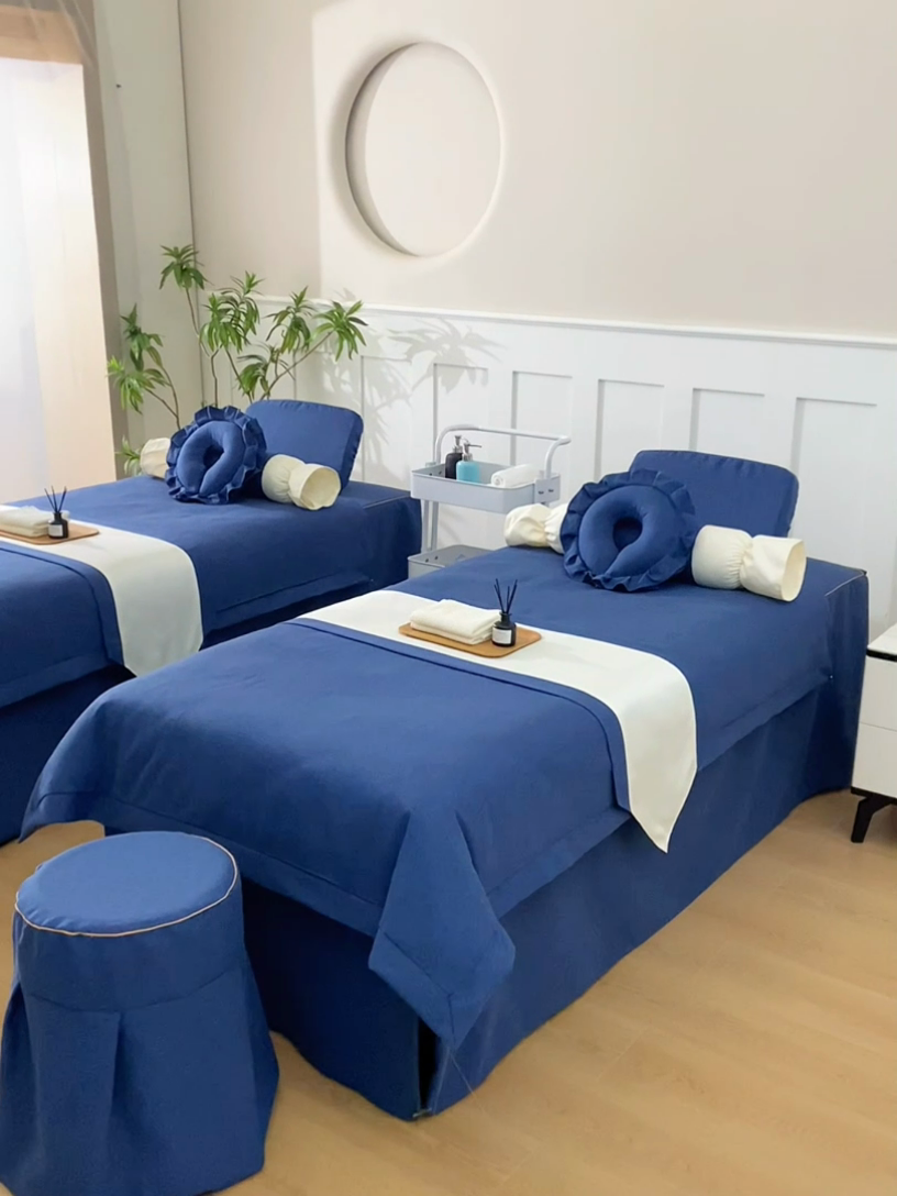 91家纺网 家纺一手货源 找家纺 莉人坊美容床罩批发 2024新款棉麻美容床罩诗菲丽人系列 诗菲丽人海蓝