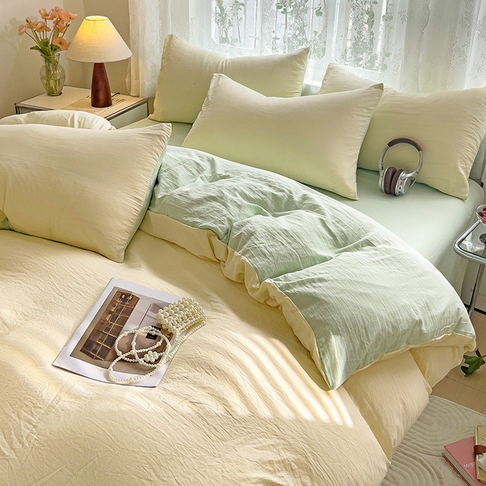 91家纺网 家纺一手货源 找家纺 （总）韩巢家纺 2024新款ins风超柔褶皱亲肤水洗棉四件套 -纯色双拼系列（提供卖家秀）