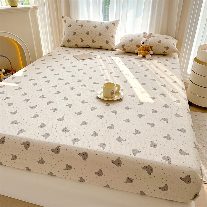 91家纺网 家纺一手货源 找家纺 雯豆家纺 2024新品小清新印花全棉纯棉双层纱床笠三件套 全棉双层纱床笠-小狗迪西