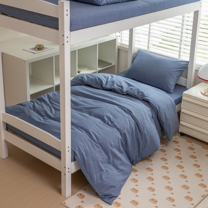 91家纺网 家纺一手货源 找家纺 柠萌家居 2025新款无印良品风A类色织水洗棉全棉学生宿舍三件套床垫套三件套 牛仔蓝