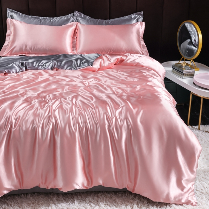 91家纺网 家纺一手货源 找家纺 莱越家纺 纯色网红款双面冰丝四件套夏季凉感丝真丝被套床单三件套床上用品 粉玉银灰