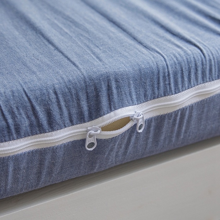 91家纺网 家纺一手货源 找家纺 柠萌家居 2025新款无印良品风A类色织水洗棉全棉学生宿舍三件套床垫套三件套 浅咖蓝