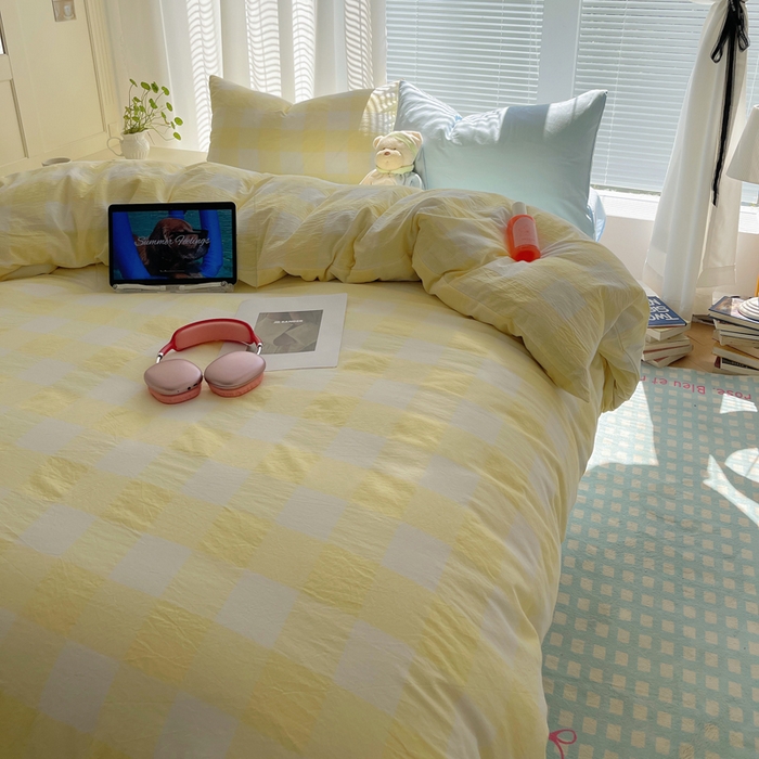 91家纺网 家纺一手货源 找家纺 六巷胡同 2024新款全棉INS少女心马卡龙格子混搭四件套 混搭柠檬黄大格