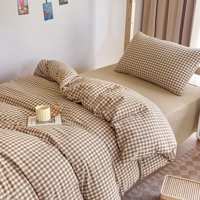 91家纺网 家纺一手货源 找家纺 玖弘家居 2024新款全棉色织水洗棉学生三件套四件套床垫套系列 米小格