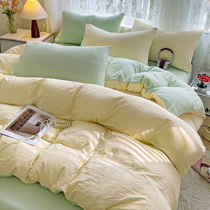 91家纺网 家纺一手货源 找家纺 （总）韩巢家纺 2024新款ins风超柔褶皱亲肤水洗棉四件套 -纯色双拼系列（提供卖家秀）