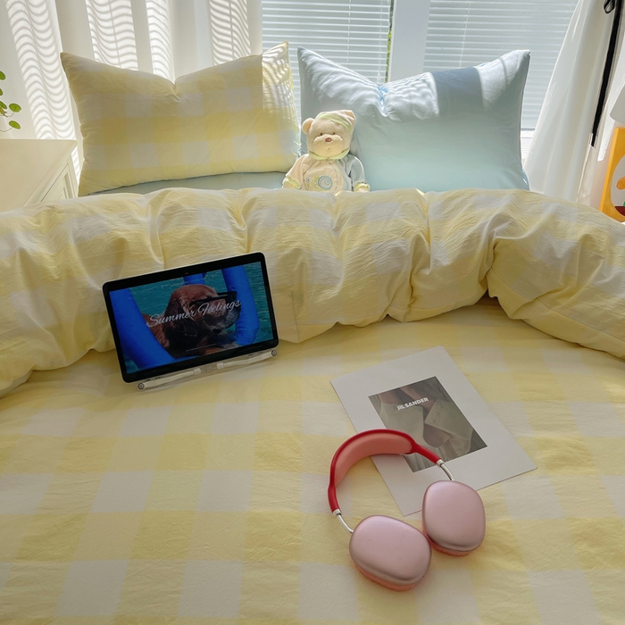 91家纺网 家纺一手货源 找家纺 六巷胡同 2024新款全棉INS少女心马卡龙格子混搭四件套 混搭柠檬黄大格