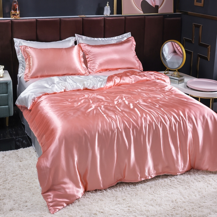91家纺网 家纺一手货源 找家纺 莱越家纺 纯色网红款双面冰丝四件套夏季凉感丝真丝被套床单三件套床上用品 粉玉白