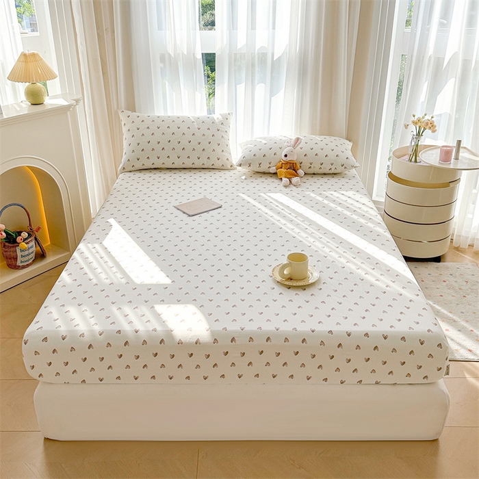 91家纺网 家纺一手货源 找家纺 雯豆家纺 2024新品小清新印花全棉纯棉双层纱床笠三件套 全棉双层纱床笠-奥利