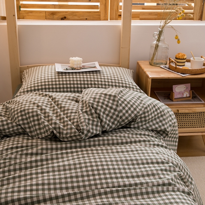 91家纺网 家纺一手货源 找家纺 柠萌家居 2025新款无印良品风A类色织水洗棉全棉学生宿舍三件套床垫套三件套 草绿小格