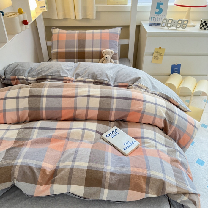 91家纺网 家纺一手货源 找家纺 玖弘家居 2024新款全棉色织水洗棉学生三件套四件套床垫套系列 库里灰