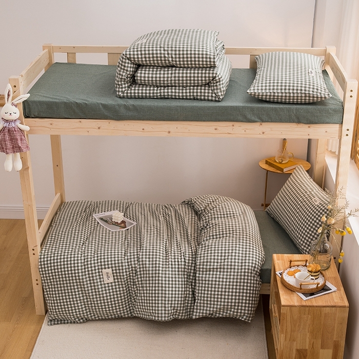 91家纺网 家纺一手货源 找家纺 柠萌家居 2025新款无印良品风A类色织水洗棉全棉学生宿舍三件套床垫套三件套 草绿小格