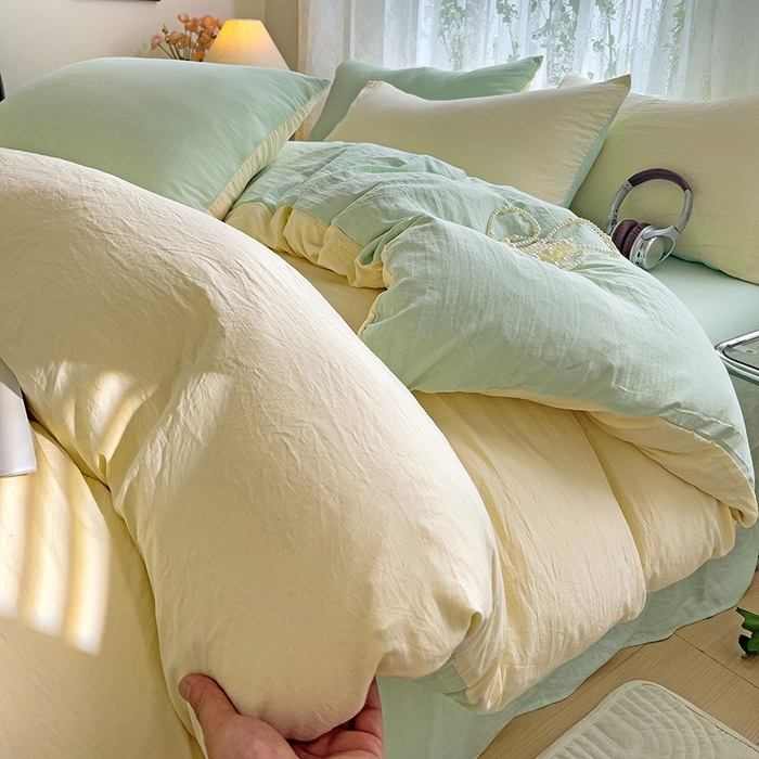 91家纺网 家纺一手货源 找家纺 （总）韩巢家纺 2024新款ins风超柔褶皱亲肤水洗棉四件套 -纯色双拼系列（提供卖家秀）