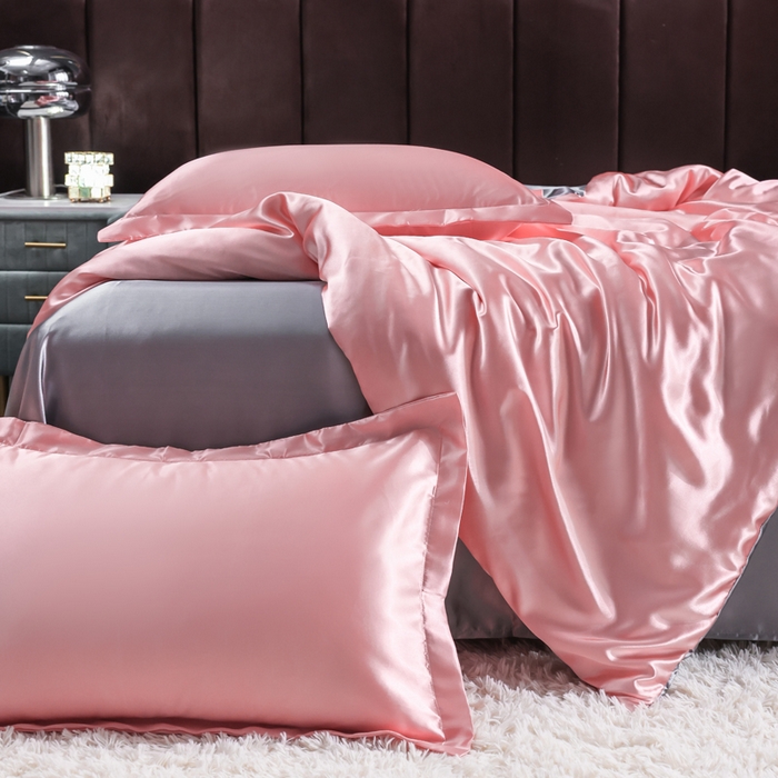 91家纺网 家纺一手货源 找家纺 莱越家纺 纯色网红款双面冰丝四件套夏季凉感丝真丝被套床单三件套床上用品 粉玉银灰