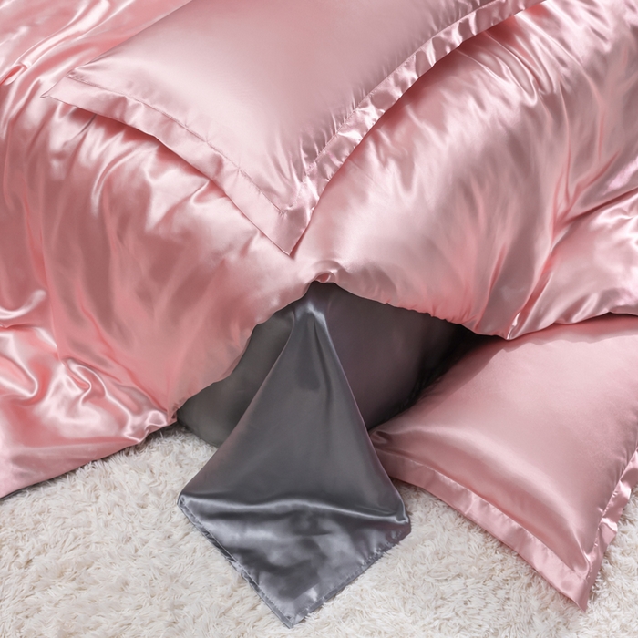 91家纺网 家纺一手货源 找家纺 莱越家纺 纯色网红款双面冰丝四件套夏季凉感丝真丝被套床单三件套床上用品 粉玉银灰