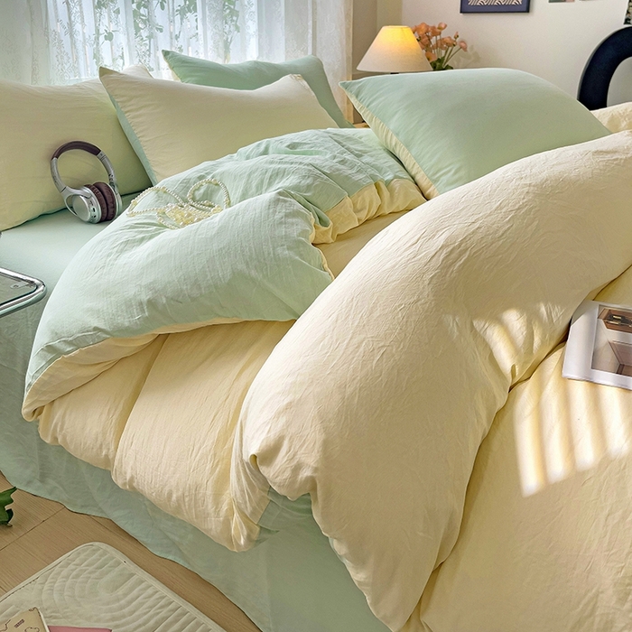 91家纺网 家纺一手货源 找家纺 （总）韩巢家纺 2024新款ins风超柔褶皱亲肤水洗棉四件套 -纯色双拼系列（提供卖家秀）